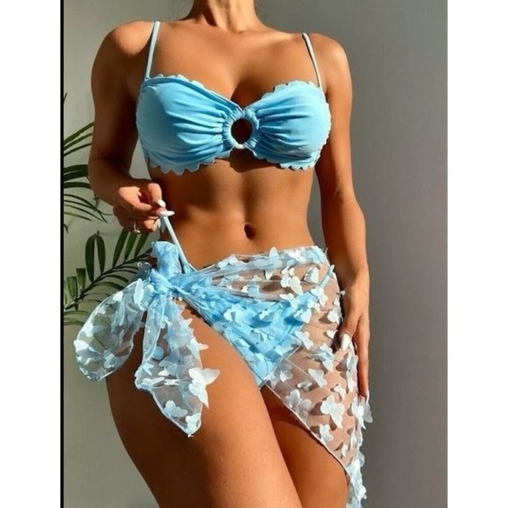 3Pack Plain Scallop Trim Ring Linked Bikini Swimsuit & BeachSkirt